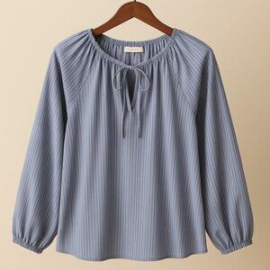Pookie & Sebastian Blue Stripe Peasant Blouse Long Sleeve Tie Neck Elastic Cuffs